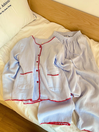 Casual Cotton Pajamas Long Sleeve Sleepwear Women's Spring Autumn Style Comfortable Home Clothes Set Wide Leg Pants Outfit