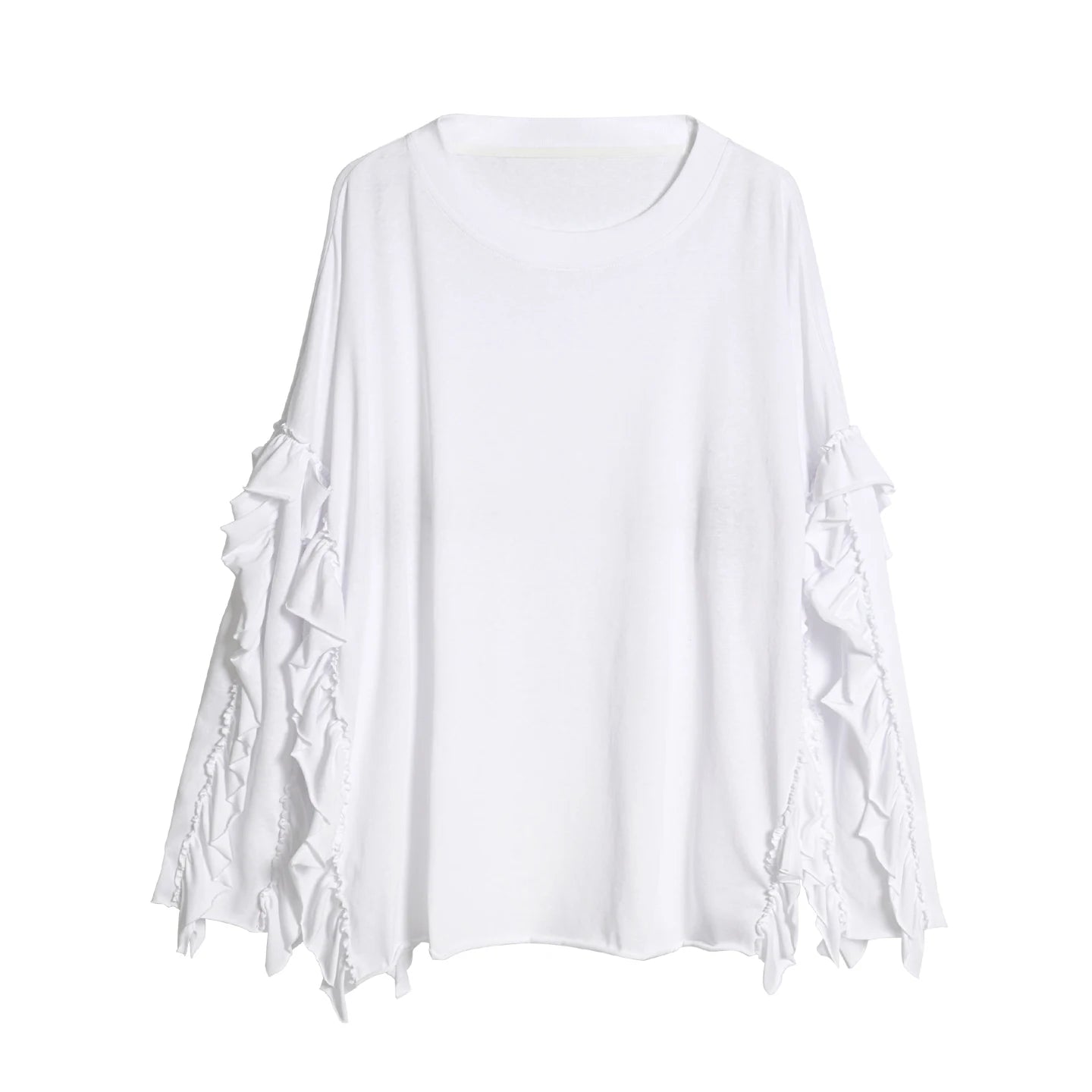 IMAKOKONI Women's White Ruffle Sleeve Oversized T-Shirt Crew Neck Loose Fit Casual Tops Y2K Aesthetic 255348