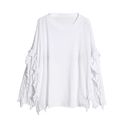 IMAKOKONI Women's White Ruffle Sleeve Oversized T-Shirt Crew Neck Loose Fit Casual Tops Y2K Aesthetic 255348