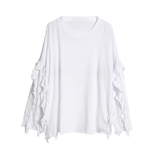 IMAKOKONI Women's White Ruffle Sleeve Oversized T-Shirt Crew Neck Loose Fit Casual Tops Y2K Aesthetic 255348