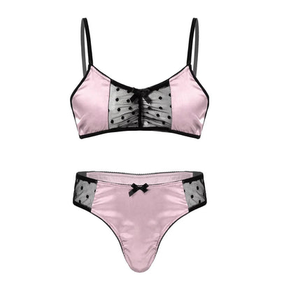 Men Satin Lingerie Suit Sissy Nightwear Sheer Mesh Patchwork Bra Tops with Briefs Thongs Exotic Sleepwear Gay Male Underwear