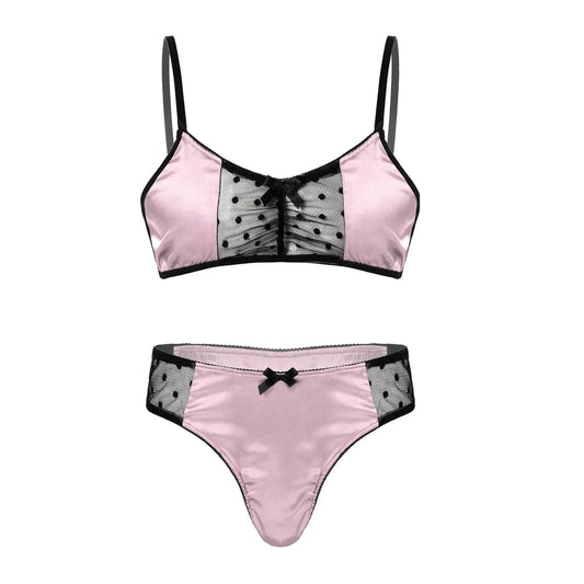 Men Satin Lingerie Suit Sissy Nightwear Sheer Mesh Patchwork Bra Tops with Briefs Thongs Exotic Sleepwear Gay Male Underwear