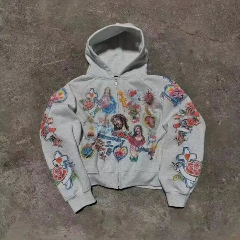 Cartoon Print Hooded Zipper Sweatshirt Loose Fit Comfortable Long Sleeve Women's Casual Streetwear Fashion Sweatshirt