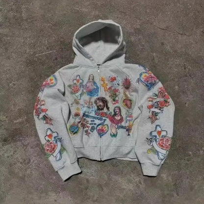 Cartoon Print Hooded Zipper Sweatshirt Loose Fit Comfortable Long Sleeve Women's Casual Streetwear Fashion Sweatshirt
