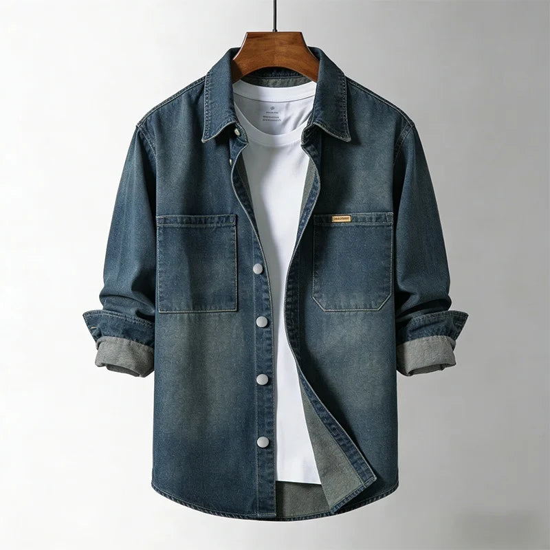 Men's Spring New American Retro Denim Non Stretch Shirt Versatile Casual Workwear Jacket Classic Style Spring Autumn Outerwear