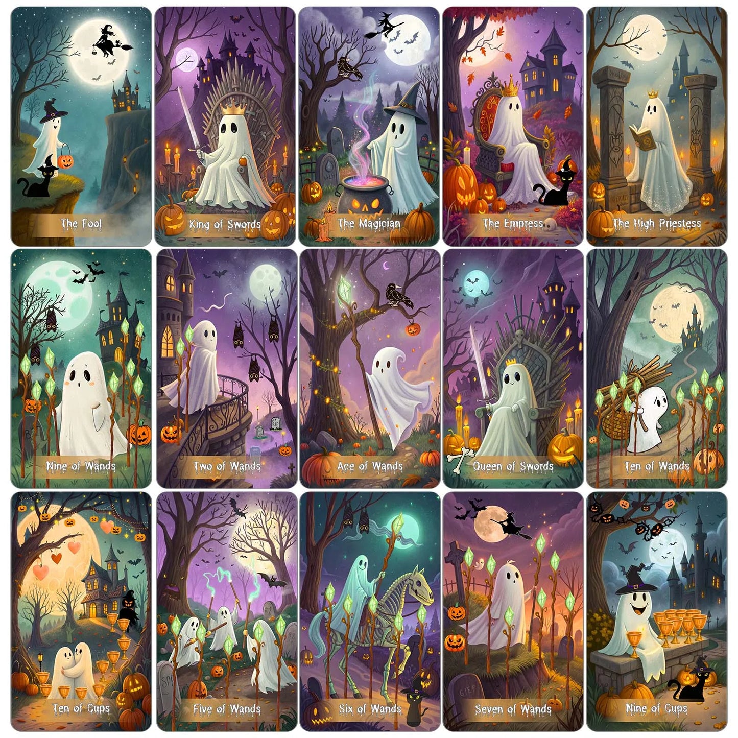 78 Card Spooky Cute Tarot Deck, 13x8 Cm Size for Beginners, Includes Paper Guide for Divination Game