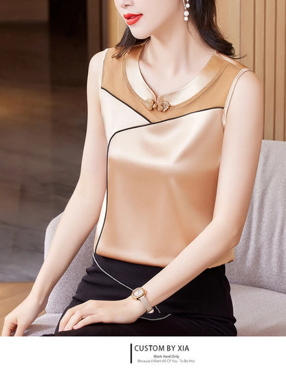 M-5XL 2024 New Fashion Women Tank top Spring Summer Sleeveless Silk Satin Vest Shirt Patchwork Mesh Clothing