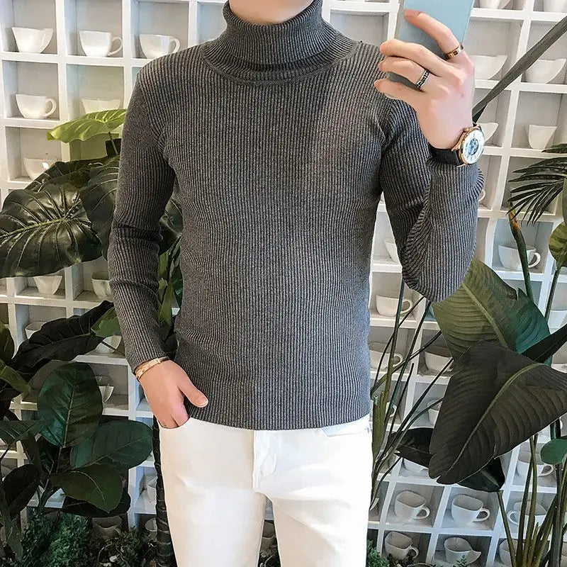 2023 Male High End Fashion Knitted Pullover Sweater Men Half Turtle Neck Winter Woolen Casual Jumper Clothes