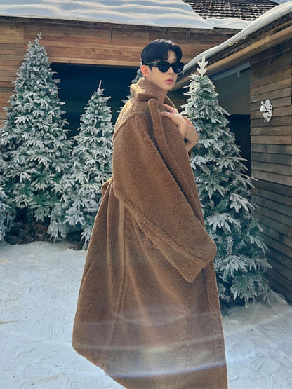 Autumn Winter Teddy Bear Fur Fashionable Versatile Men's Coat Loose Long over Knee Windbreaker Jacket Warm Stylish Urban Style