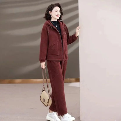 Winter Thickened Large Size Mid-aged Casual Two-piece Set Fleece-lined Comfortable Commute Style High Waist Long Pants