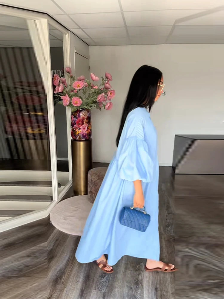 Casual Long Dress Women Solid Loose O Neck Single Breasted Full Lantern Sleeve High Waist Robe 2026 Spring Fashion Dresses Lady