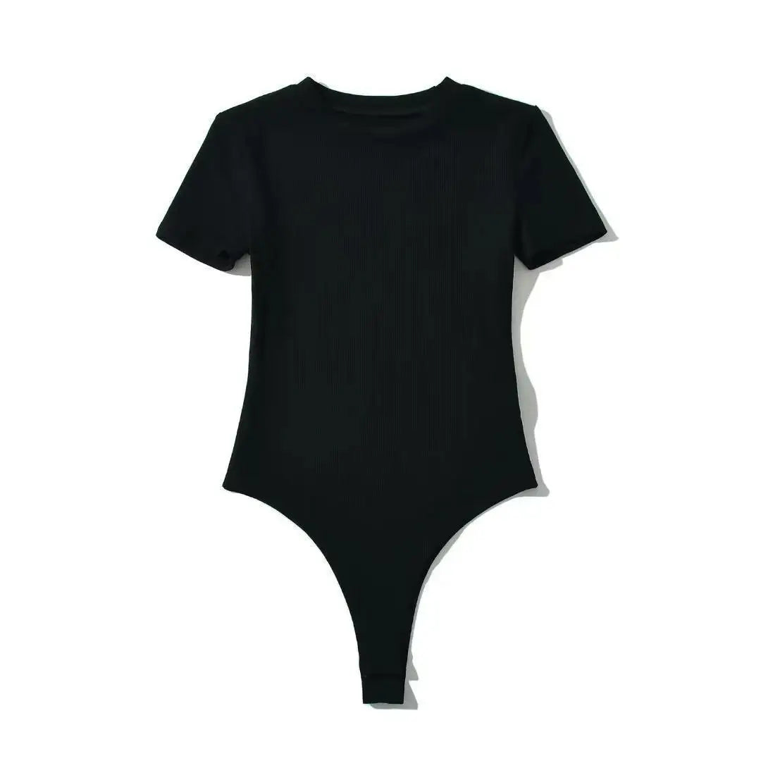 Summer Short Sleeve O-neck Knitted Bodysuits Women Stretchable Slim Basic Solid Color Tops
