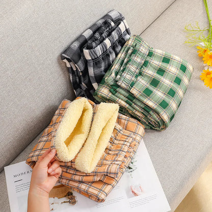Shearling Lined Plaid Pants Women Winter High Waist Flared Trousers Straight Leg Warm Fleece Thermal Bottoms for Women Casual