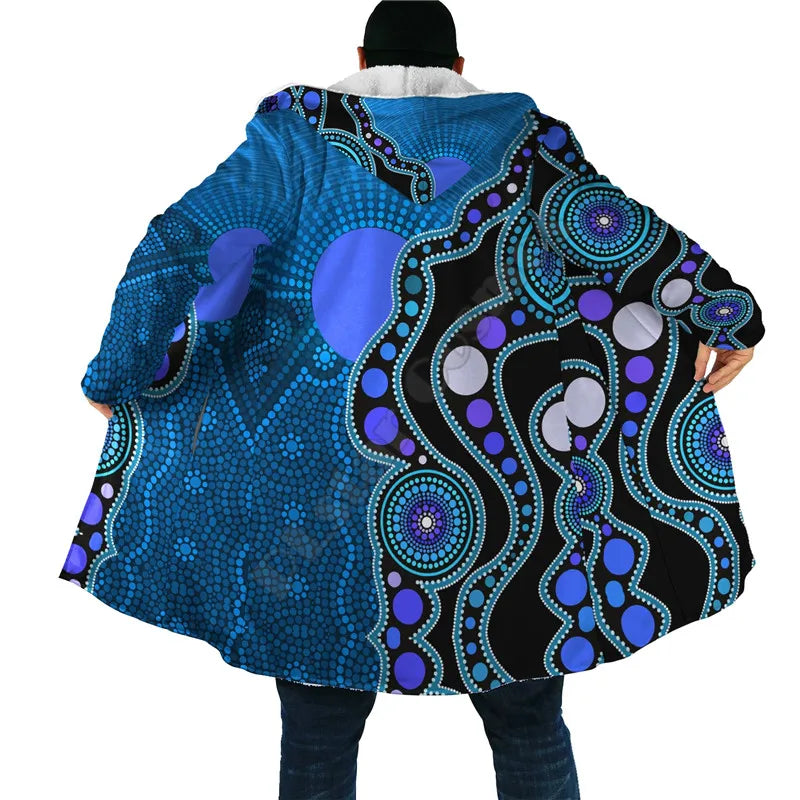 Aboriginal Art Blue Style Turtle Dreaming Paintings 3D Printed Hoodie Cloak Men Women Winter Fleece Wind Breaker Warm Cloak