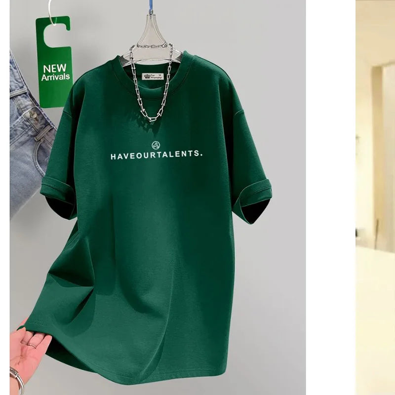 Women's Clothing Cotton T-shirt Spring/Summer Small Letters Short Sleeve Casual Tees Lady Versatile O-neck Basic Large Size Tops