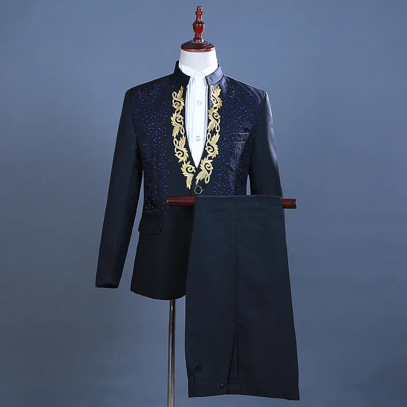 Mens Stamping Flower Suit Stand Collar Blazer Outfit Stage Performance Party Formal Wear
