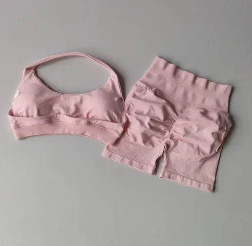 Women's Seamless Halter Yoga Set 2 Piece High Waist Scrunch Butt Shorts Quick Dry Breathable Gym Activewear