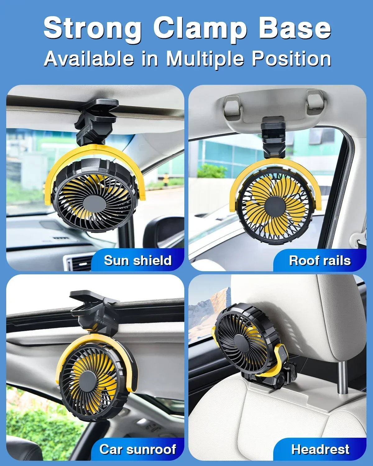 Car Cooling Clamp Fan 2000mAh USB Rechargeable Fan Burshless Cooler 900° Rotatable Portable Cooling Tool Car Electronic