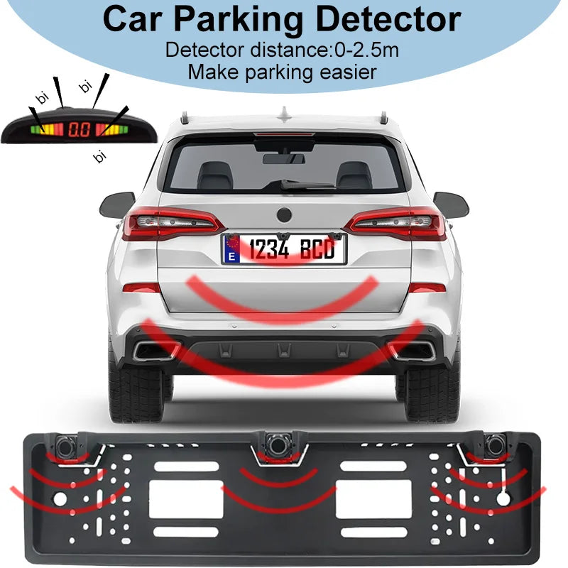 European License Plate Holder 3 Sensors Parking Radar Buzzer Alarm 12V Waterproof Auto Reversing Safety Accessory