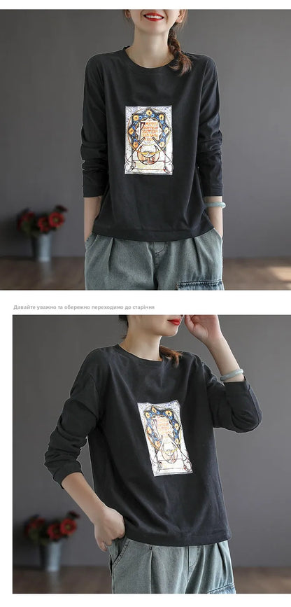Retro Star Moon Pure Cotton Long Sleeve Pink Anti-Aging T-Shirt Women Loose Fashionable Spring Autumn Ladies Base Shirt Top