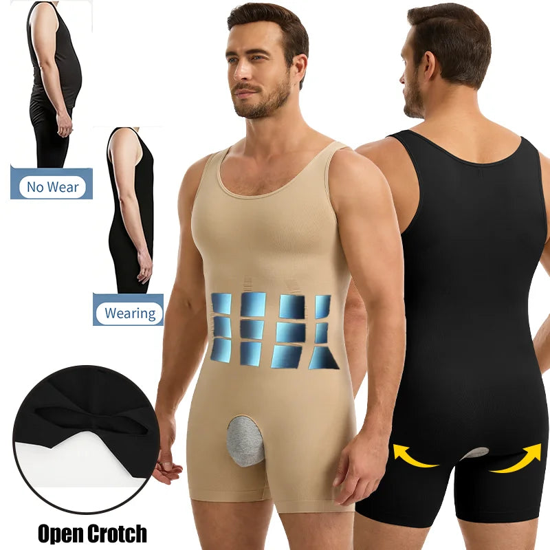 Miss Moly Men Compression Bodysuit Wide Strap Anti-Chafing Full Body Shaper Muscle Knitting Shapewear Open Crotch Underwear