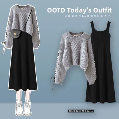 plus Size Autumn Winter Knitted Sweater Dress Set Women's High End Fashion Slimming Two Piece Suit Commute Style Long Sleeve ...