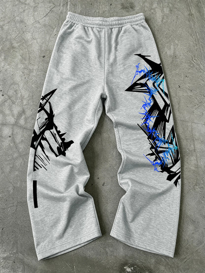 Y2K Abstract Blue Graffiti Geometric Print Mens Baggy Wide Leg Sweat Pants Loose Straight Drawstring Hip Hop Street Joggers