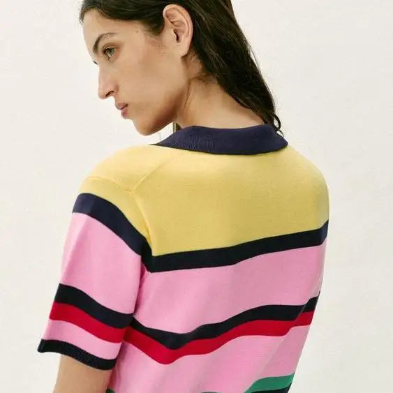 Fashionable Striped Knitted  Shirt Women's Spring Summer New Arrival Versatile Loose Fit Casual Polyester Fiber Short Sleeve