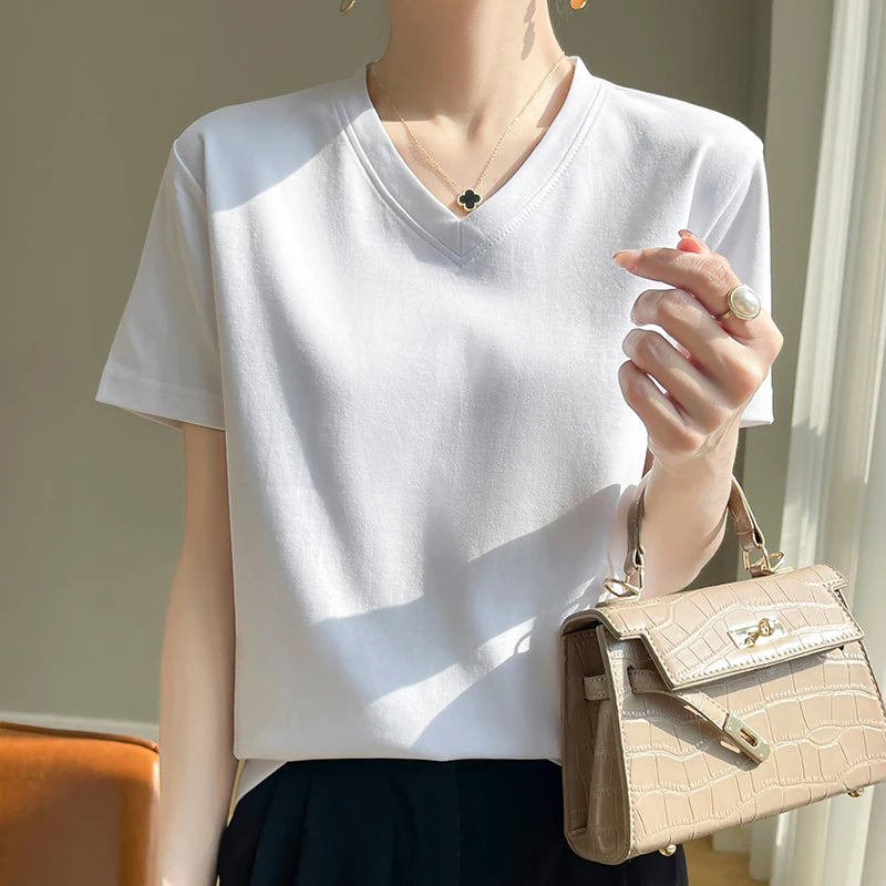 2026 Summer New Pure Cotton V-neck Short-sleeved T-shirt Women's Solid Color Joker Pullover Shirt with Loose Sleeve Bottom Shirt
