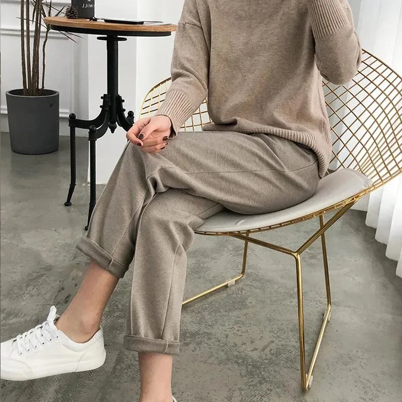 New Simple Warm Pants Women Casual Elastic Waist Pant Autumn Winter Thicken OL Wool Female Pants Loose Lady Trousers Capris
