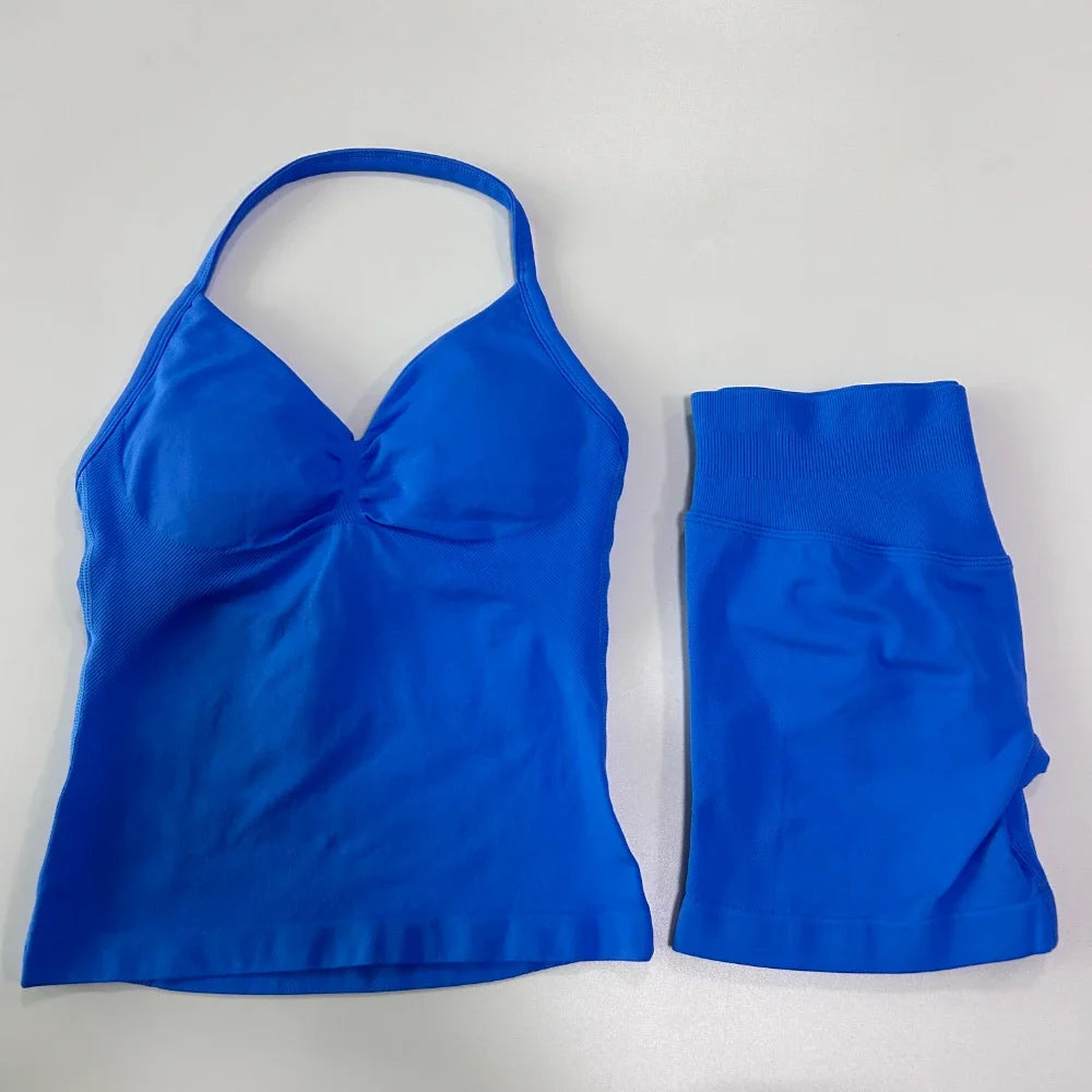 2 Pieces Sports Set Women Backless Tank Yoga Tops High Waist Scrunch Seamless Shorts Sport Gym Set Sportswear Workout Set