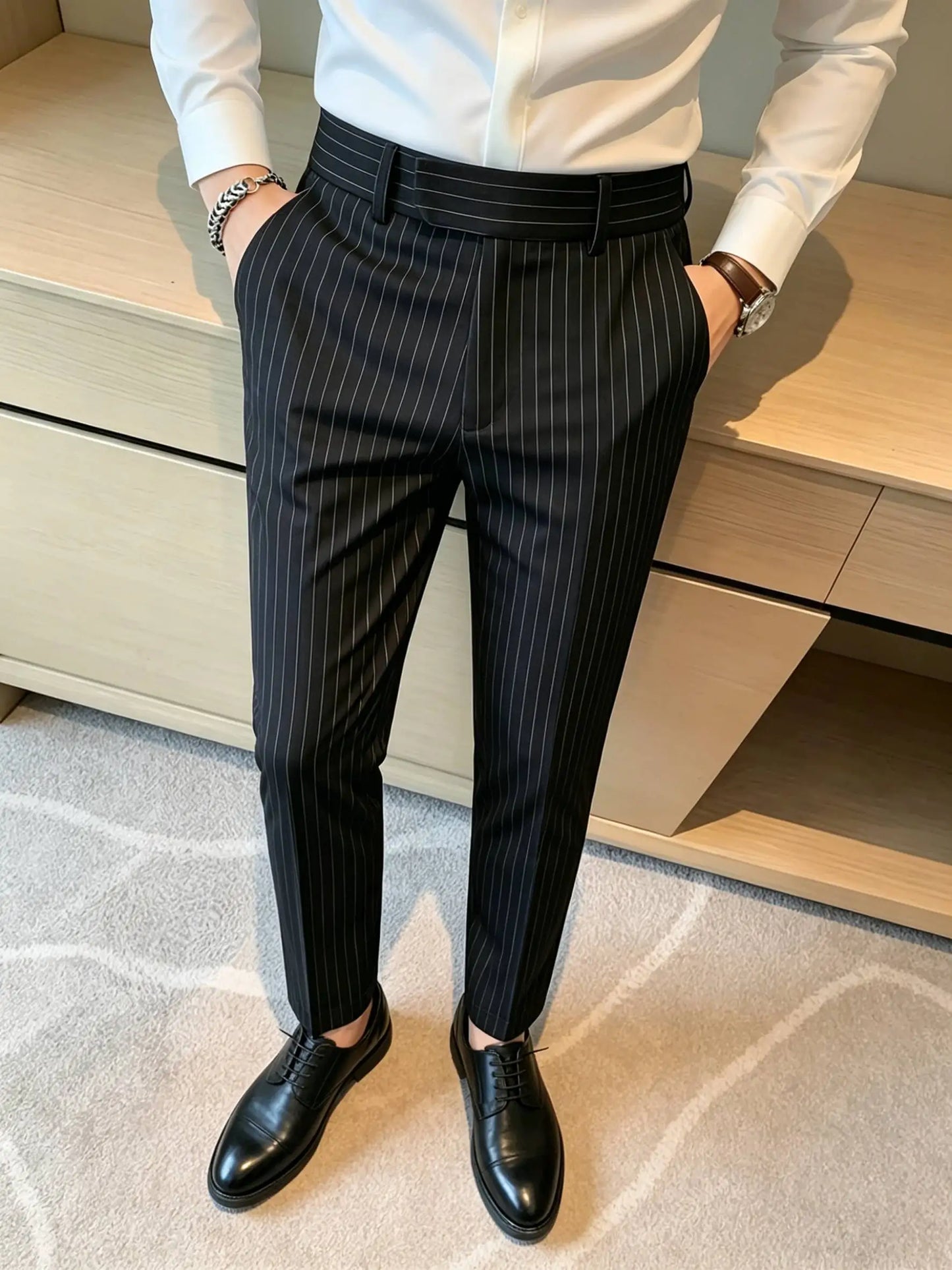 Men's Business Casual Slim Fit Long Pants Stripe Drape-able Iron-Free Elegant Stylish Versatile Dress Trousers