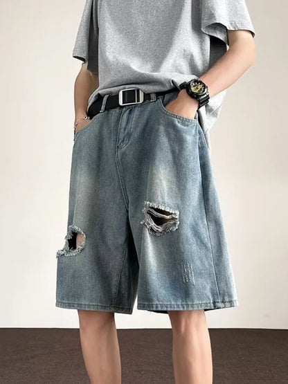 Vintage American High Street Washed Hole Denim Shorts Men's Summer Loose Straight Five-Point Pants Casual mid Waist Jeans