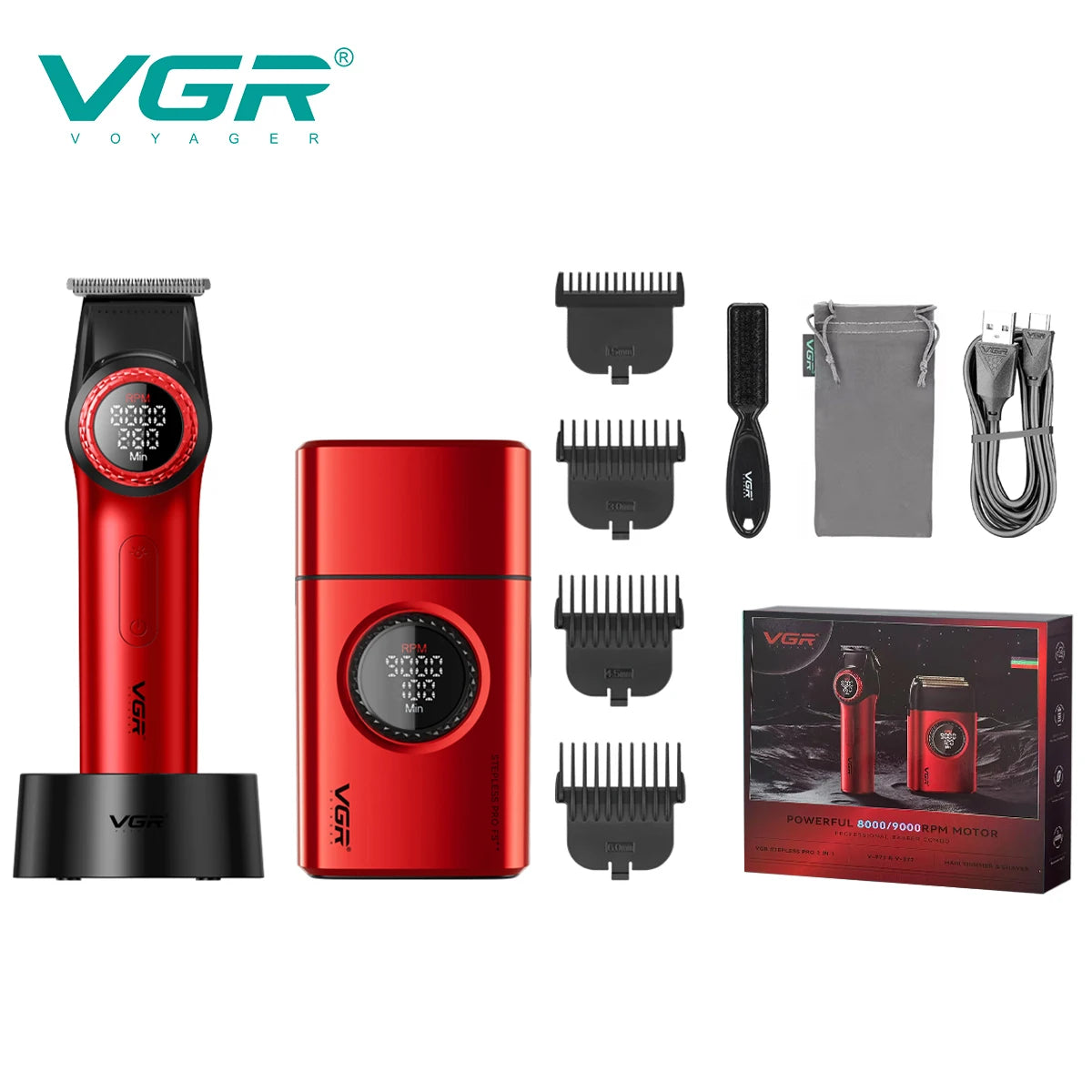 VGR V-977&377 high-end hair trimming two-piece set professional electric push shear men's LED intelligent digital men's shaver