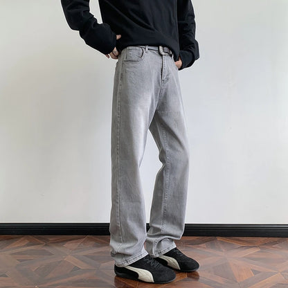 Men's Retro Faded Grey Jeans American Vintage Washed Elastic Denim Pants Loose Wide Leg Casual Streetwear Straight Jean Trousers