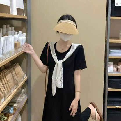 Naval Collar Lace Trim Slimming Long Dress French Style Loose Fit Mommy's Summer Dress mid Waist Design Casual  Knot