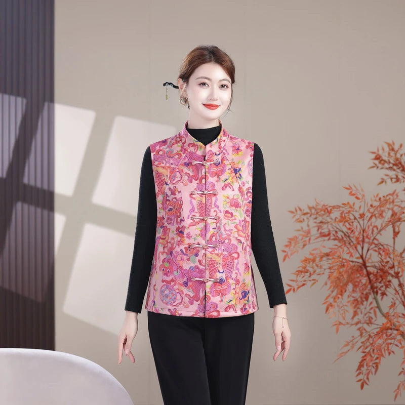 Plus Size Mother's Vest Spring Asian style print Top Elderly Women's Casual Sleeveless Jacket  Waistcoat