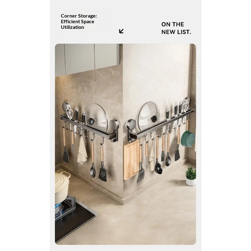 Suction Cup Kitchen Storage Rack Hook Rod No Drill Required Pot Spatula Spoon Knife Integrated Wall-Mounted Storage Rack