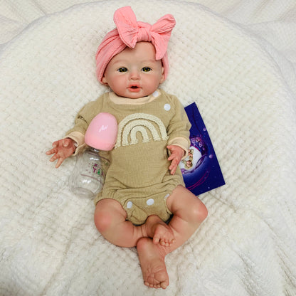 18 Inch Full Soft Silicone Reborn Girl Doll, Open Mouth Newborn with Pink Bow Headband, Real Touch Handmade Collectible Gift Toy