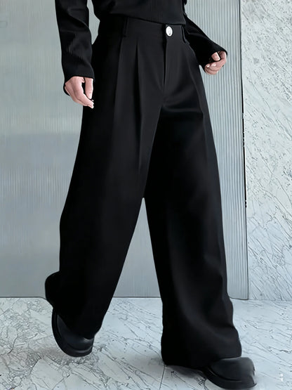Men's high-waisted double-pleated wide-leg black suit pants, matte fabric loose floor-length trousers, Korean lazy style all-mat