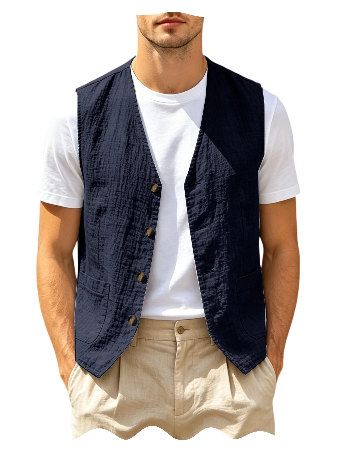 Men's Casual Linen Vest V-Neck Sleeveless Waistcoat Summer Lightweight Breathable Solid Color Button Up Vest For Daily Vacation
