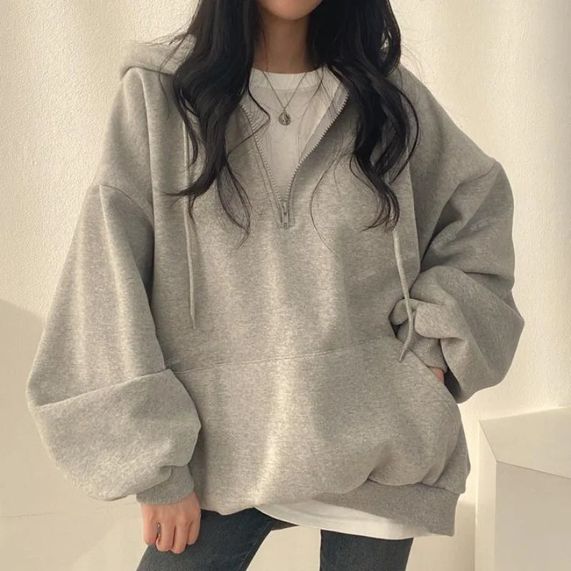 Y2K Korean Hoodie Women Harajuku Casual Hooded Coats Lantern Long Sleeve Pocket Pullover Sweatshirt