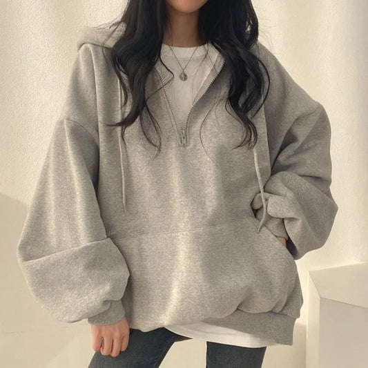 Y2K Korean Hoodie Women Harajuku Casual Hooded Coats Lantern Long Sleeve Pocket Pullover Sweatshirt