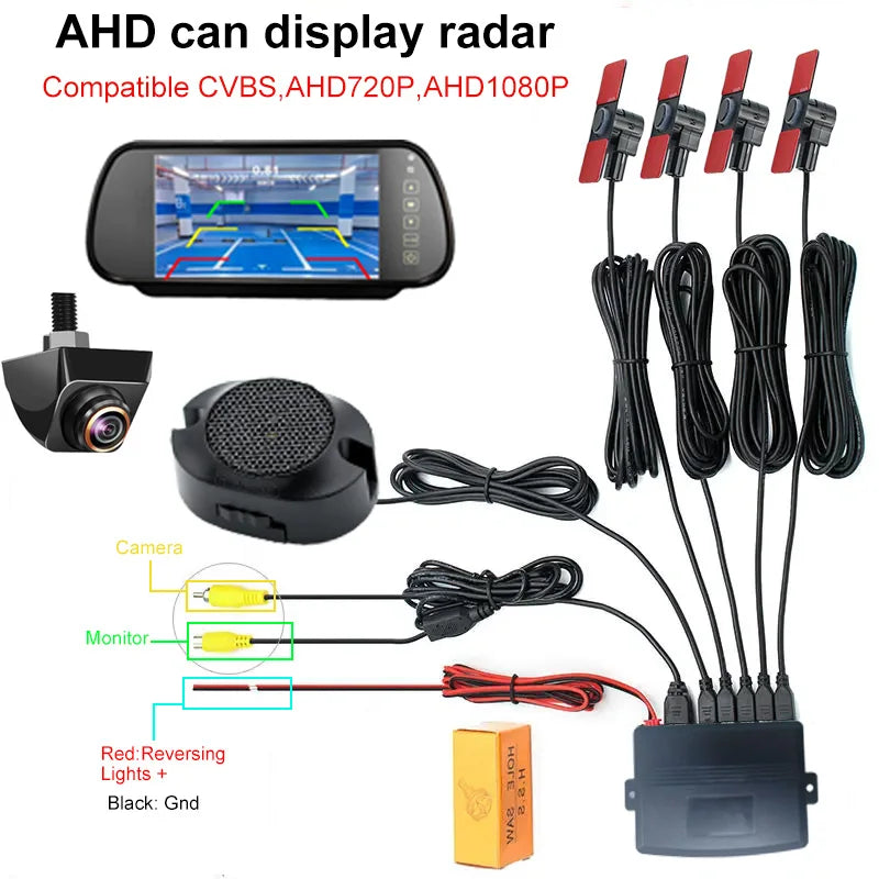 AHD CVBS Video Reversing Radar 16.5mm Embedded Probe 6 Colors Buzzer Alarm Easy Installation Universal Car Parking Assist Kit