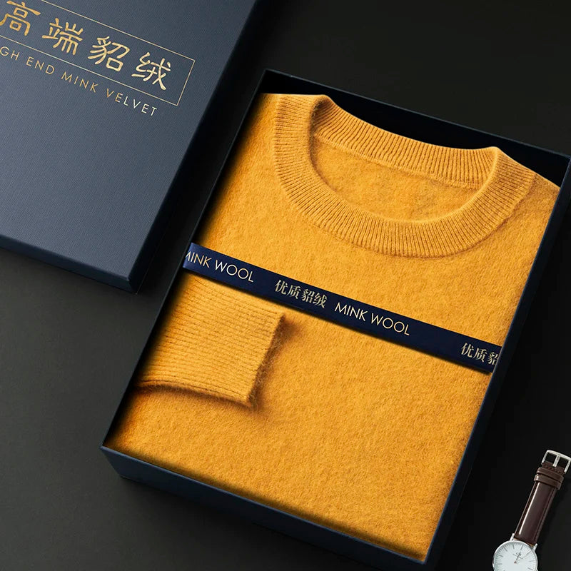 100% Pure Mink Cashmere Men's Round Neck Sweater For Autumn Winter, Casual Knitted Long Sleeved Pullover Sweater Men's Clothng