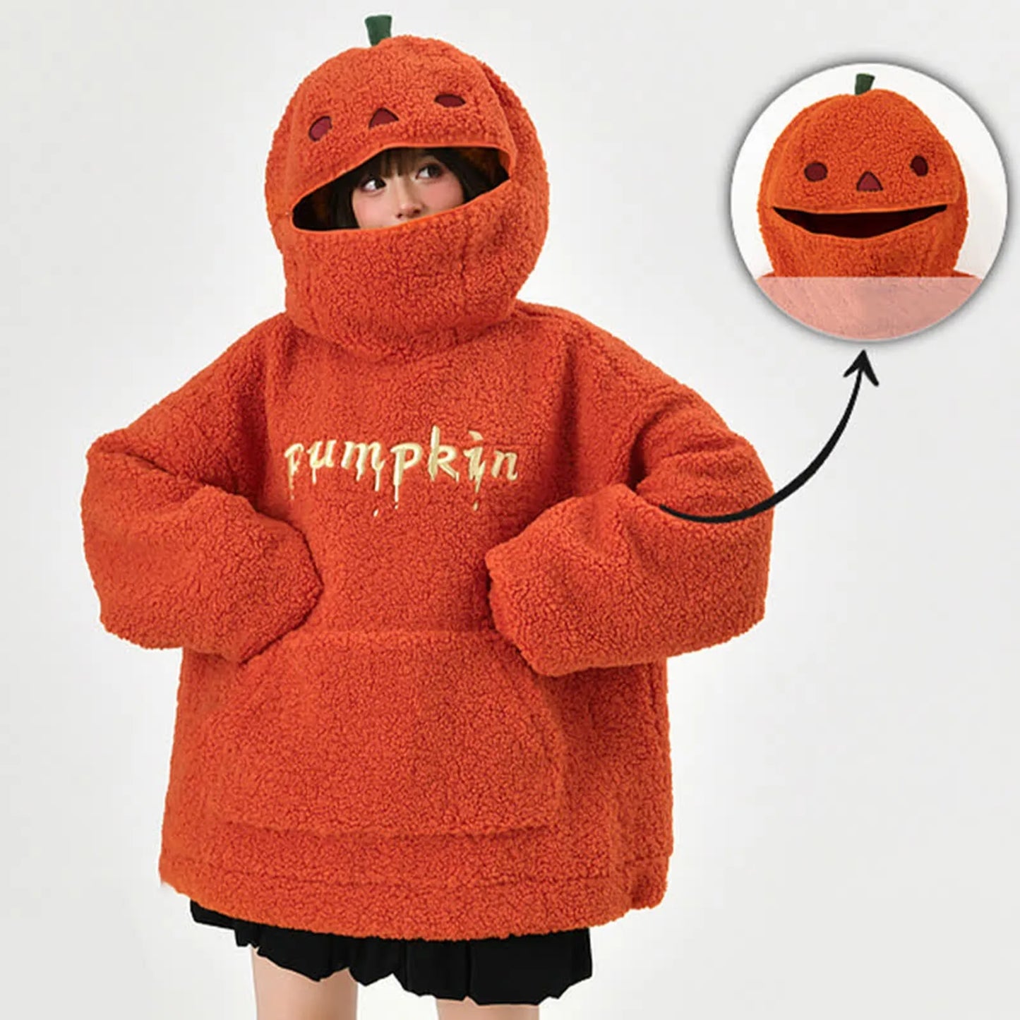 2025 Autumn Pumpkin Hoodies Halloween Party Pumpkin Head Lamb Fleece Women Hooded Sweatshirt Embroidery Thicken Streetwear