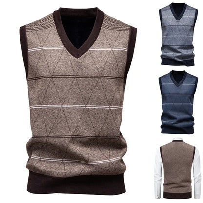 2026 Men's V-neck Knitted Sweater Warm Autumn Winter Diamond Grid Twisted Flower Casual Fashion Versatile Knit Top