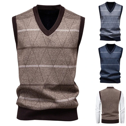 2026 Men's V-neck Knitted Sweater Warm Autumn Winter Diamond Grid Twisted Flower Casual Fashion Versatile Knit Top