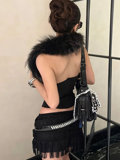 Sisterlinda Furry Patchwork Sexy Tank Top Women Y2K Halter Backless Shirring Sleeveless Stretch Coquette Midnight Party Clubwear