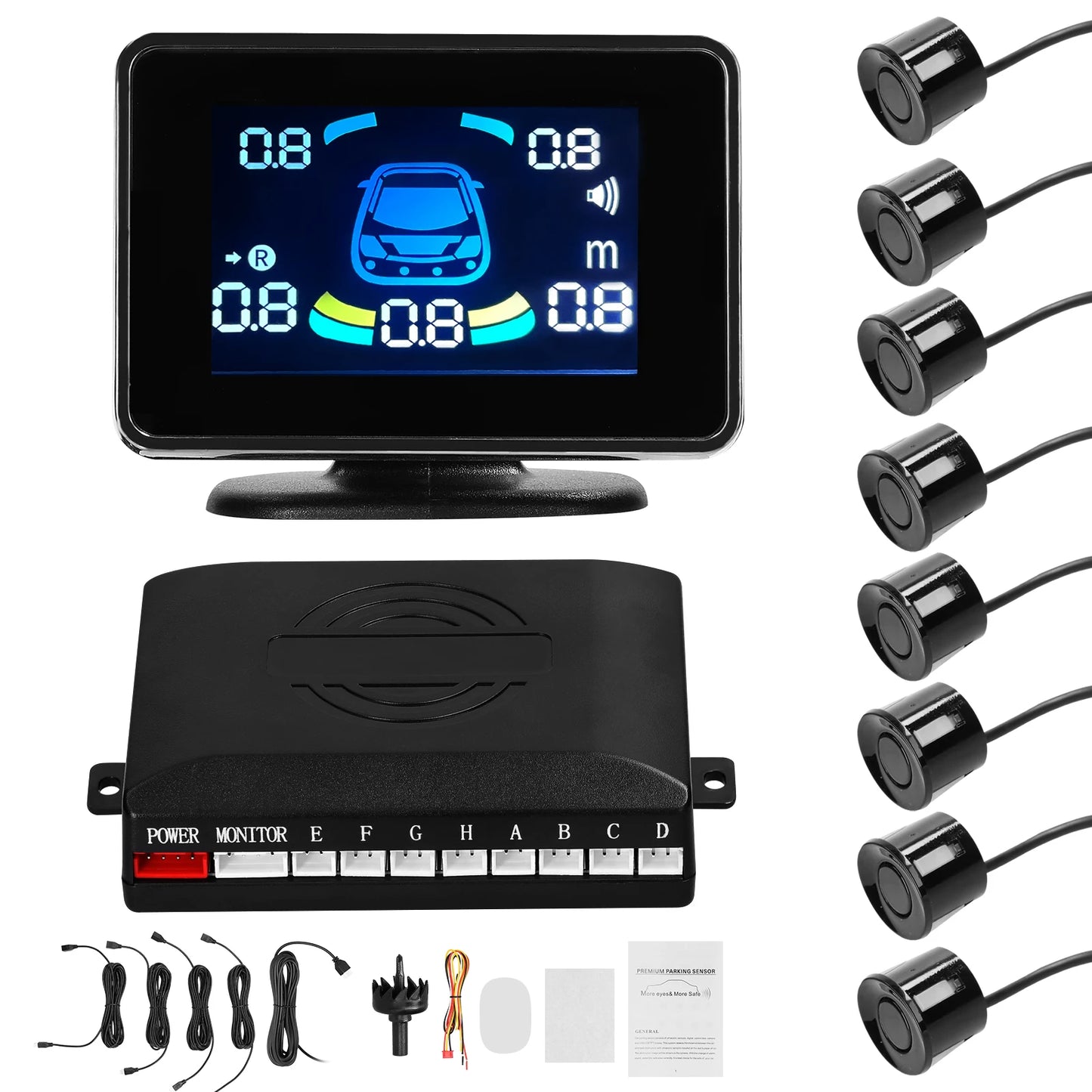 Car Parking Sensor Reversing Radars System Front & Rear Support Sound Warning/Buzzer with 8 Parking Sensors Distance Detection